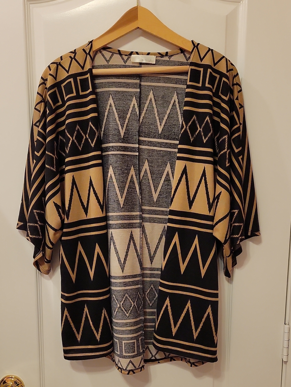 Beige and Black Geometric Open-Front Kimono Top